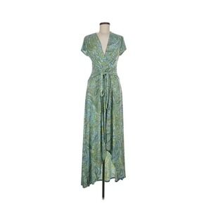 Michael Kors Womens Wrap Dress Blue Green Size 8 Maxi Hi Lo Cap Sleeve Paisley